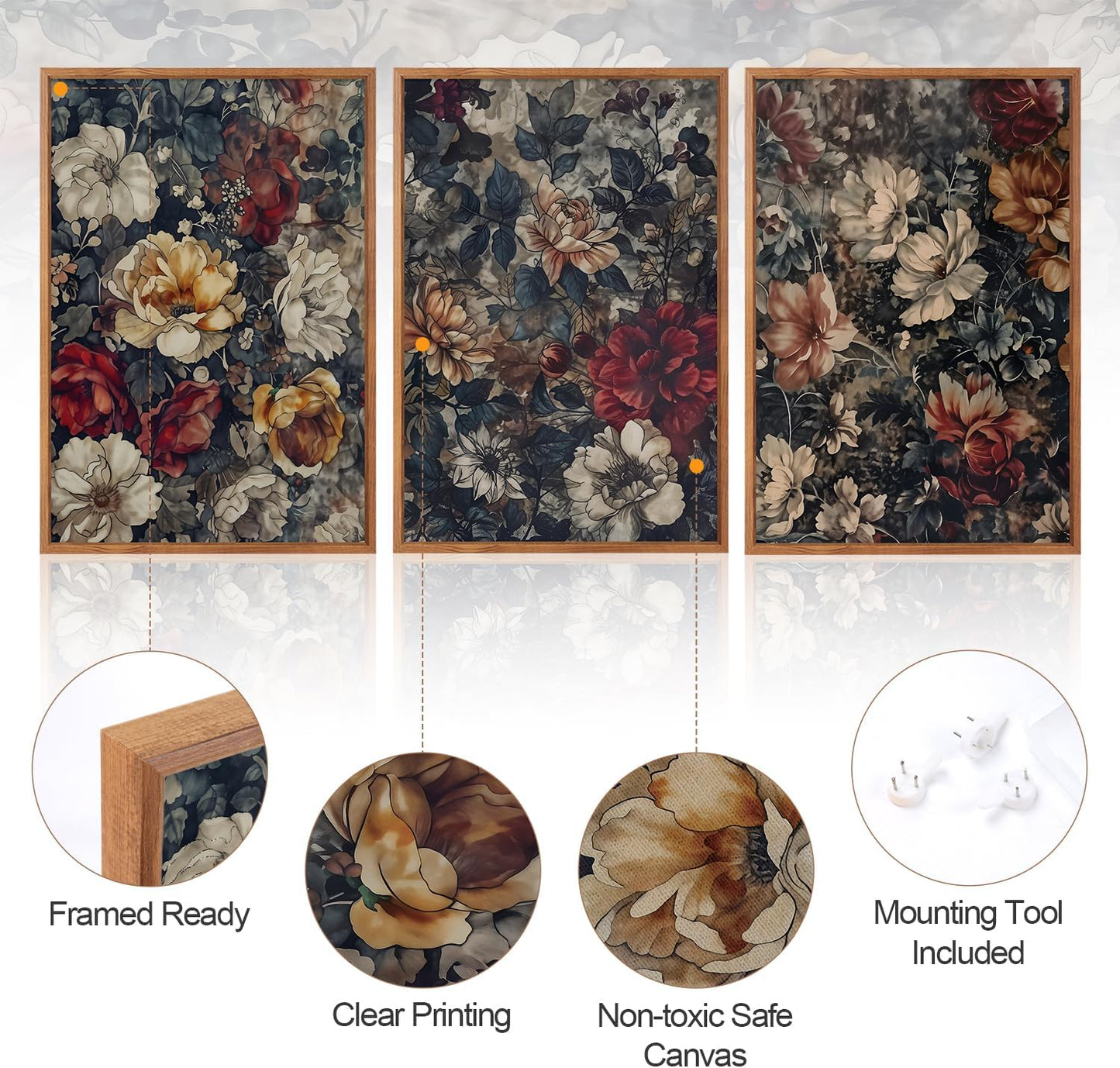 Aurlan Dark Moody Boho Wildflowers Wall Art Set(16"x24"), 3 Pieces Vintage Mid Century Modern Floral Framed Canvas Artwork, Large French Penoy Botanical Wall Decor for Office Bedroom Living Room