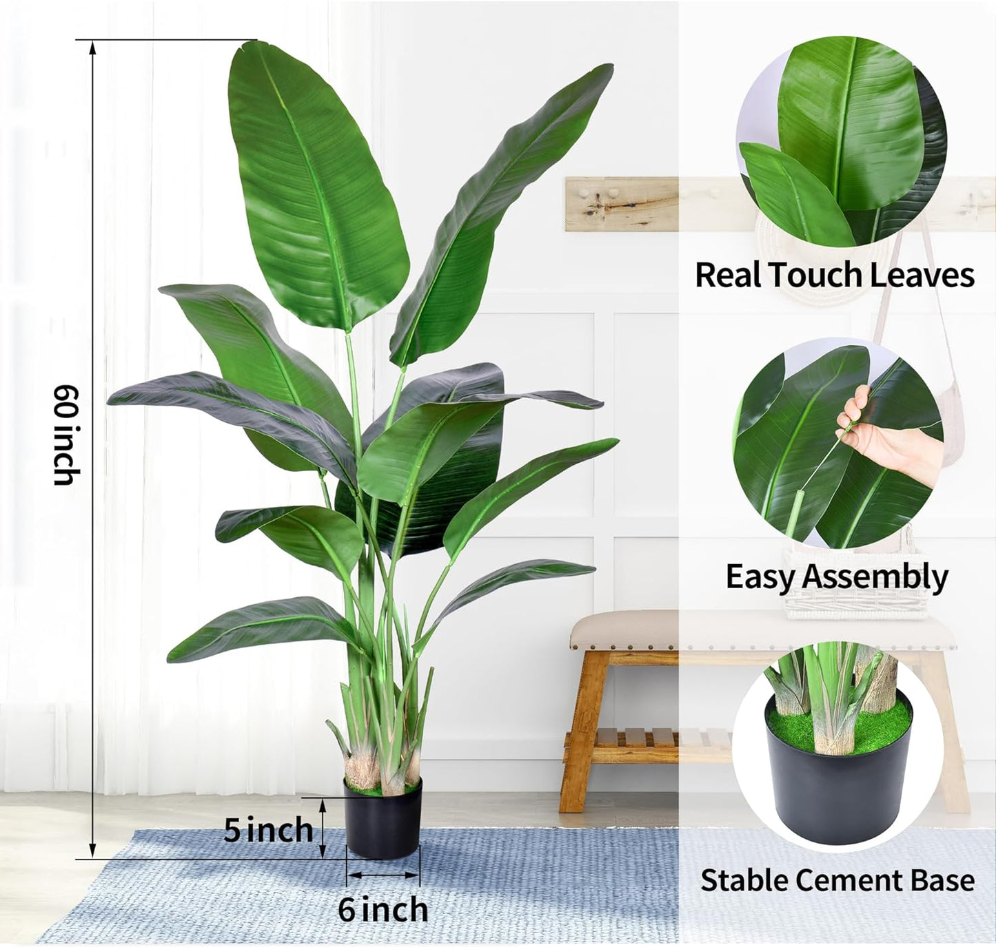 2Packs 5FT Artificial Bird of Paradise Plant,Faux Palm Tree Potted Plant with Real Touch Leaves,Fake Trees for Home Living Room Office Indoor Outdoor Decor(5 FT-2Packs)