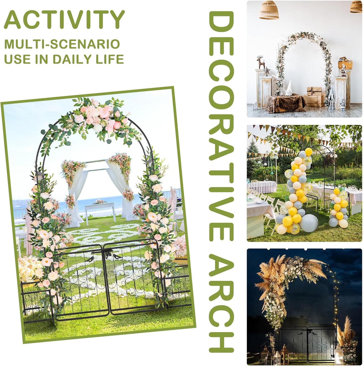 Outvita 7FT Garden Arch Arbor with Entry Door and Plant Frame, Heavy Duty Metal Arbour Archway, Decorative Frame Stand Trellis with Ground Stakes for Wedding Ceremony Party Plant Patio Black