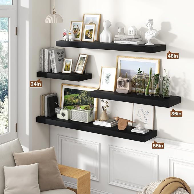 Heimlove 55 Inch Floating Shelves for Wall,10 Deep Large Black Wall Shelf with Heavy Duty Brackets,Mounted Storage & Display Shelves for Bedroom,Living Room,Kitchen,Office,Set of 2