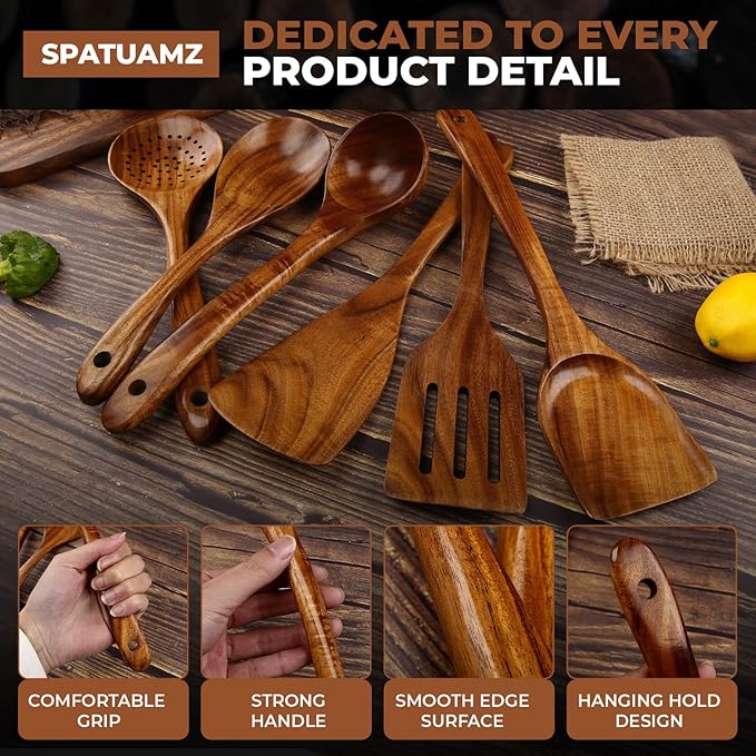 SPATUAMZ Wooden Cooking Spoons, Ladle and Spatula, Fine Polished Teak Wood Cooking Utensils Set of 6, Nonstick Wooden Kitchen Spoon & Spatula Set