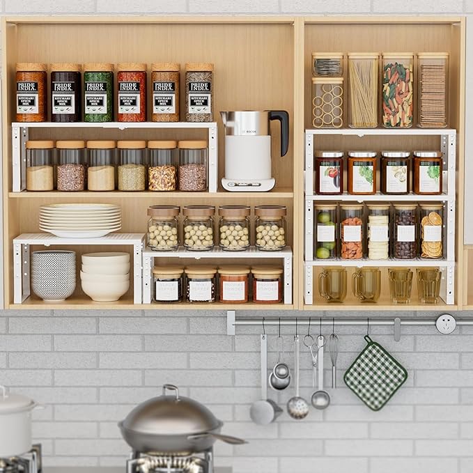 Expandable Spice Rack Kitchen Cabinet Shelf Organizer, Stackable Storage Shelves Racks, Adjustable Counter Shelving for Cabinets, Countertop, Cupboard,Pantry and More(1Pack/White/Large)