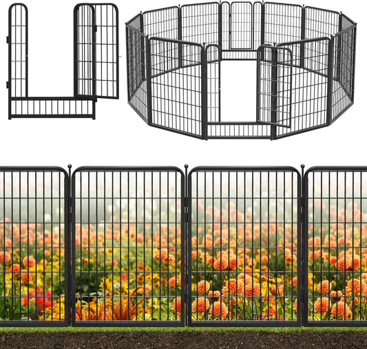 Black Metal Fencing Decorative Garden Fence with Gate 27ft(L) x 40in(H) Fence Panels No Dig Fence Rustproof Animal Barrier Fence Temporary Dog Panels Fencing Outdoor