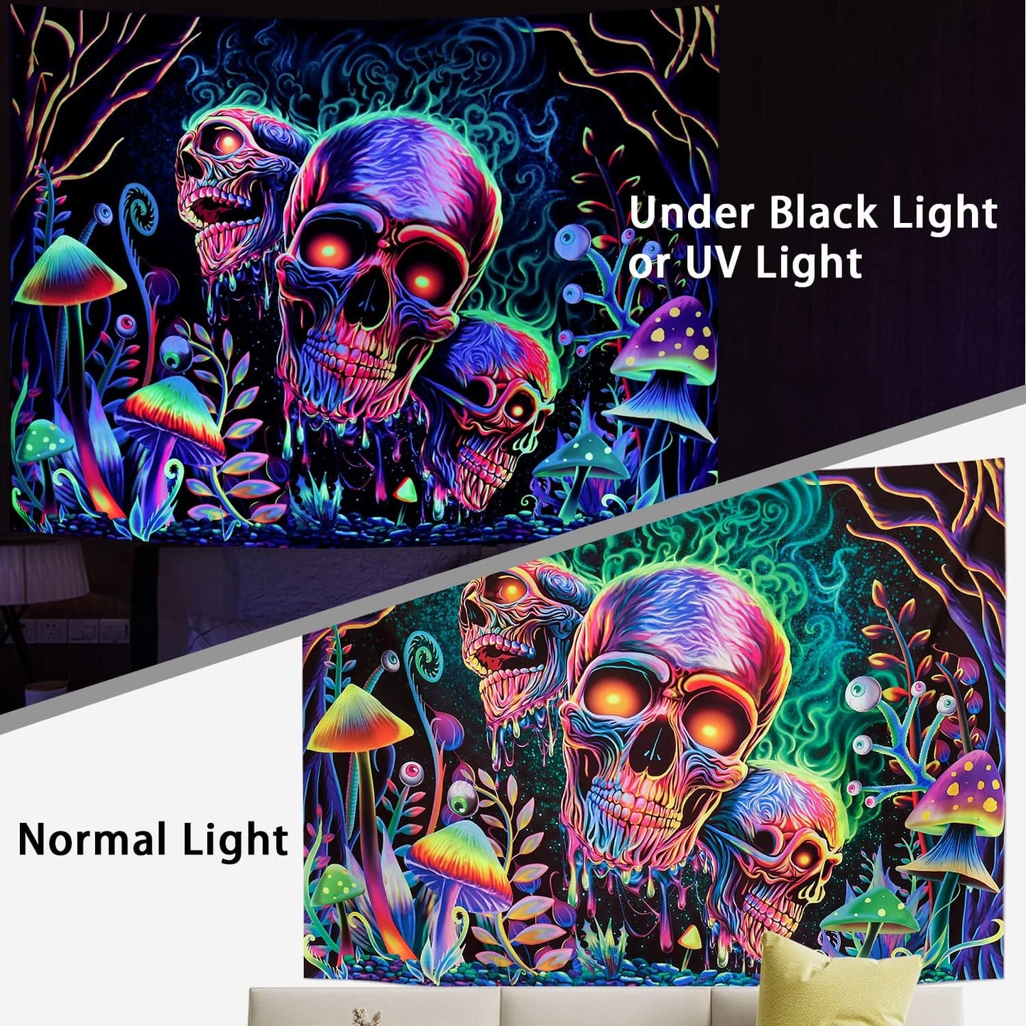 Amonercvita Blacklight Skull Tapestry Trippy Skeleton Wall Tapestries UV Reactive Neon Plants Trees Tapestries Aesthetic Galaxy Space Tapestry Wall Hanging for Bedroom Decor(W59.1×H78.7 inches)