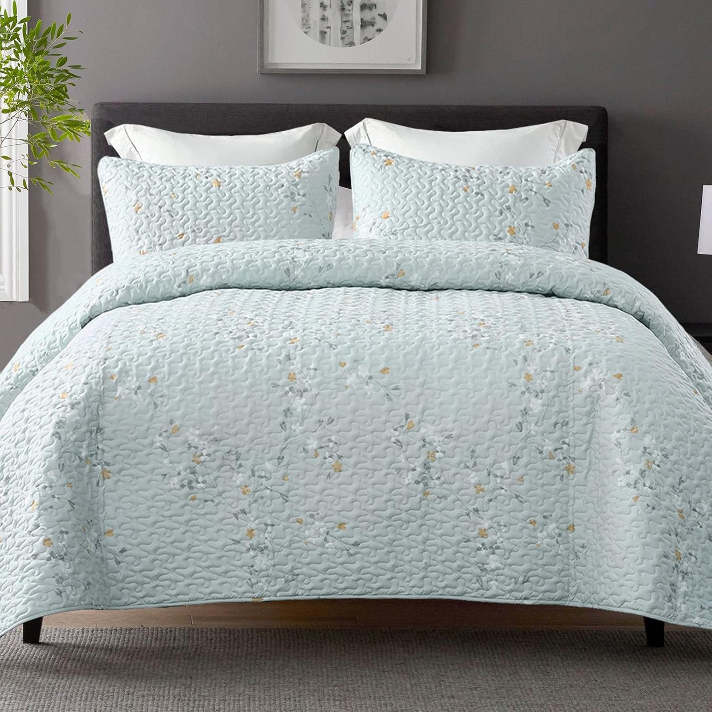 Exclusivo Mezcla Reversible Boho Quilt Set Queen Size, 3 Pieces Flowers Aqua All Season Bedspreads, Ultra Soft Floral Coverlet Bedding Set with Printed Pattern (1 Quilt, 2 Pillow Shams)