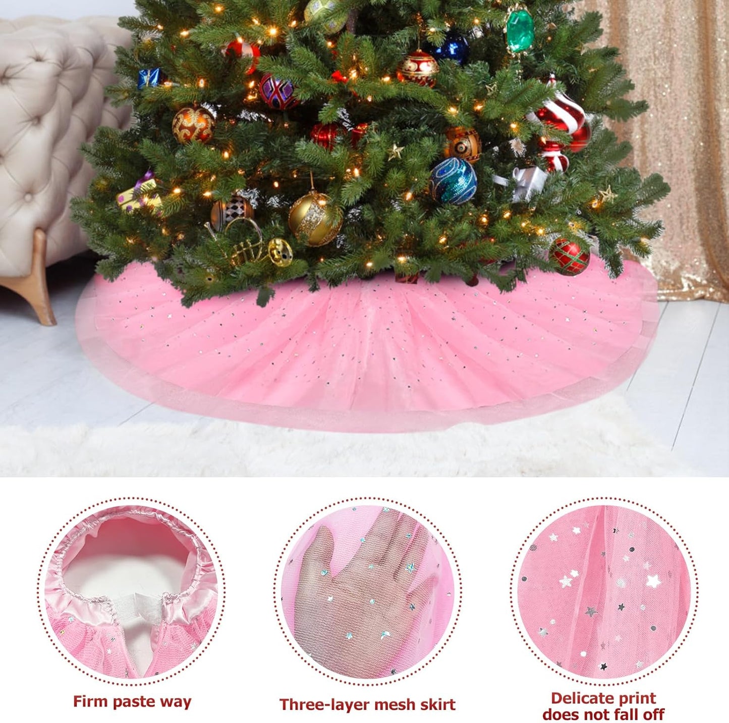 Christmas Wedding Tree Skirt,45 inch 4-Layer Fluffy Romantic Pleated Sparkly Skirt Decoration Xmas Tree Ornament for Holiday and Party(Pink)