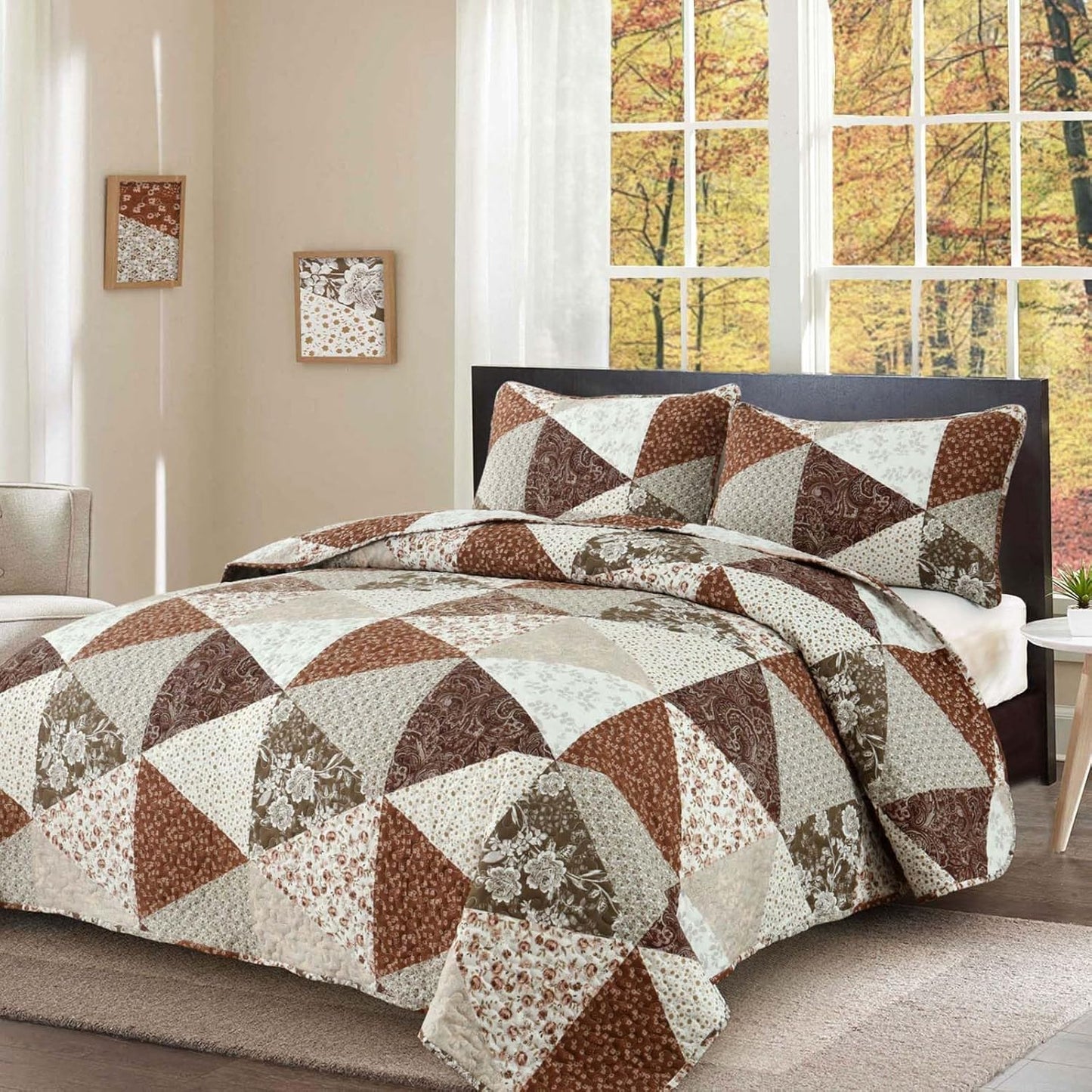 Dobuyly Fall Quilt Queen Size, Brown Floral Triangle Patchwork Bedspread Fall Bedding Set, Soft Lightweight Microfiber Coverlet Set (1 Quilt, 2 Pillow Shams)