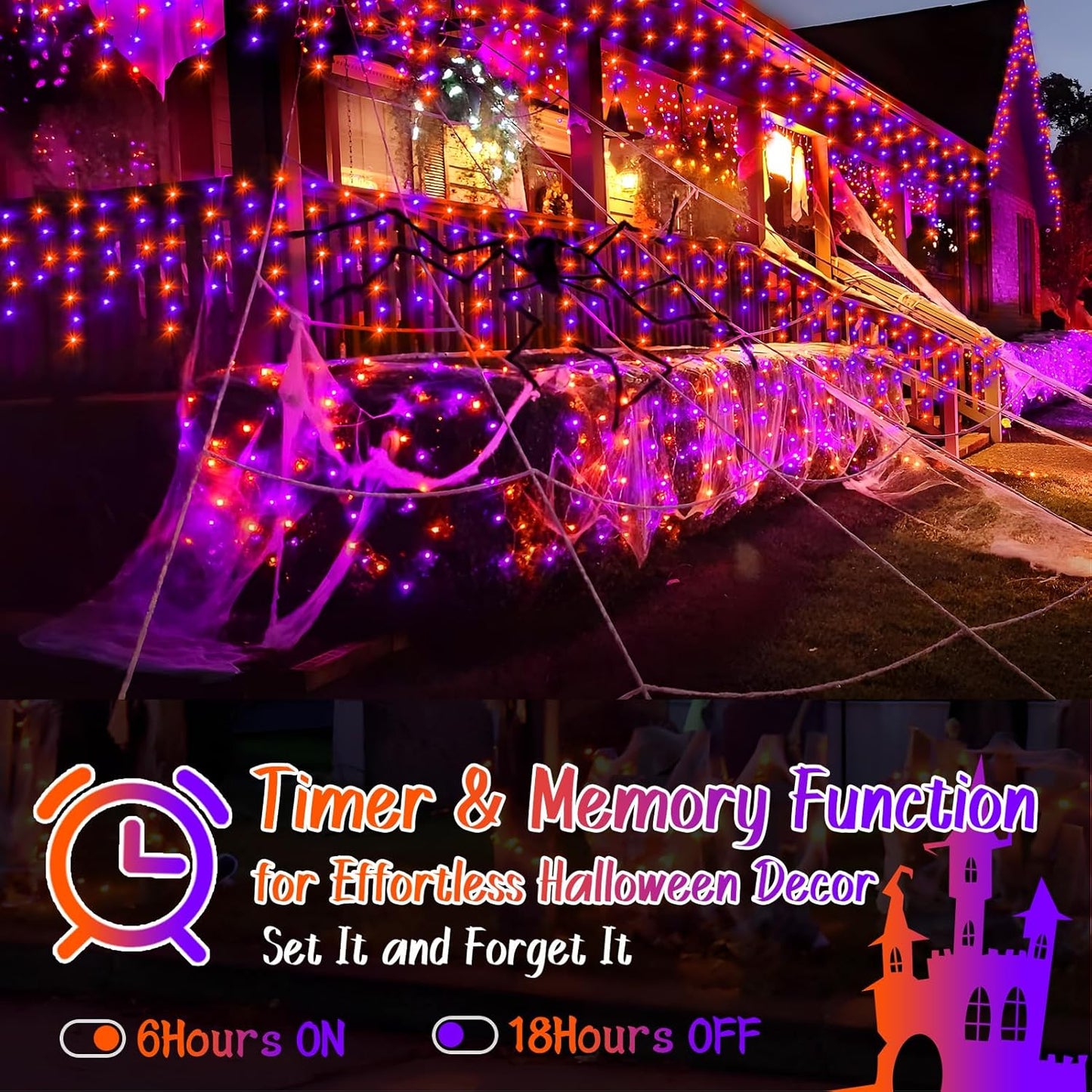 KNONEW 99FT 960 LED Orange Purple Halloween Lights Outdoor Black Wire String Lights with 180 Drops, 8 Lighting Modes, Timer Memory Function Hanging Curtain Lights for Halloween Party