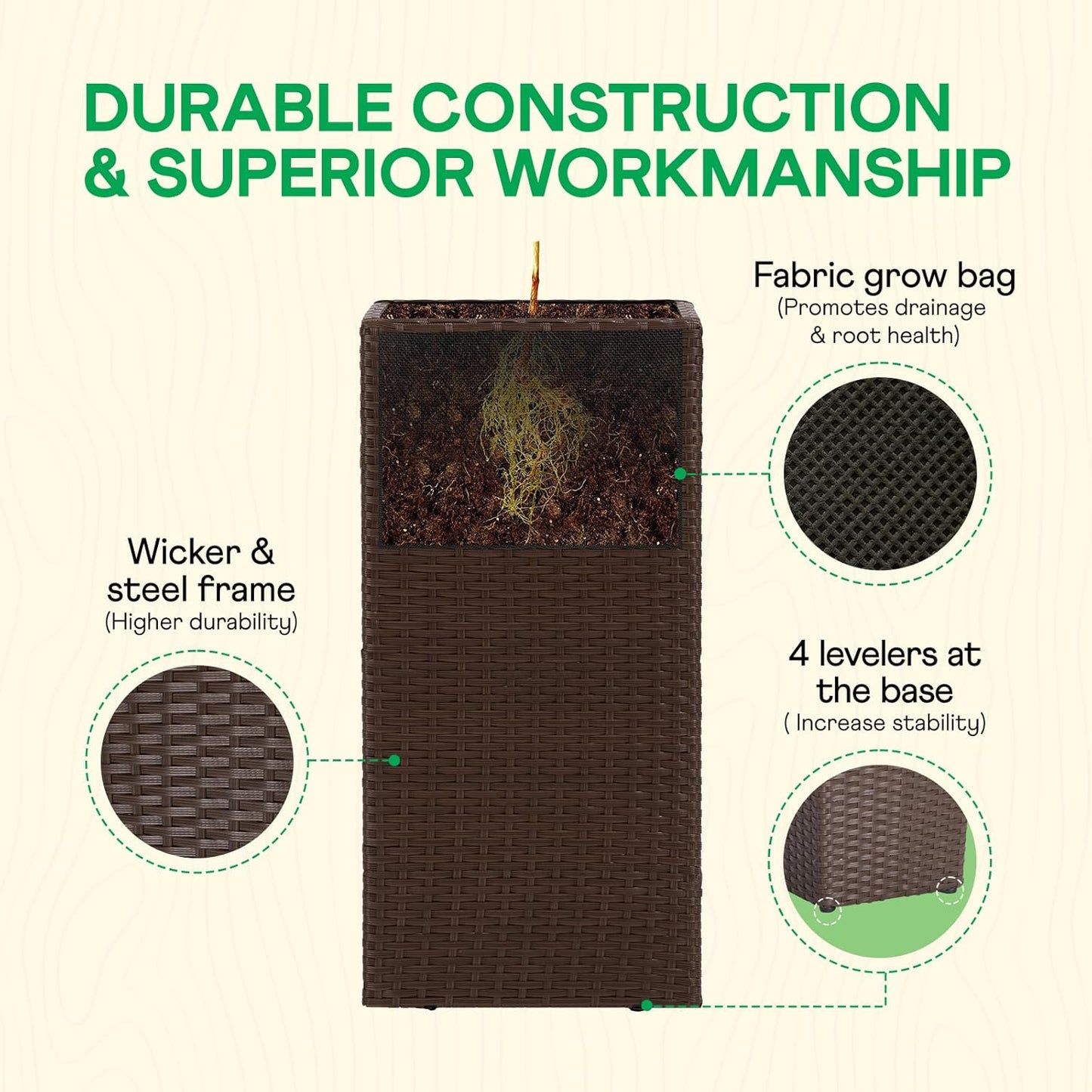 IDZO All-Weather Wicker Planters, Set of 2, 24 in Tall Wicker Planters, Self-Watering with Drainage, Durable PP Material, Raised Garden Bed Alternative, Indoor Outdoor Use, Modern Rattan Design