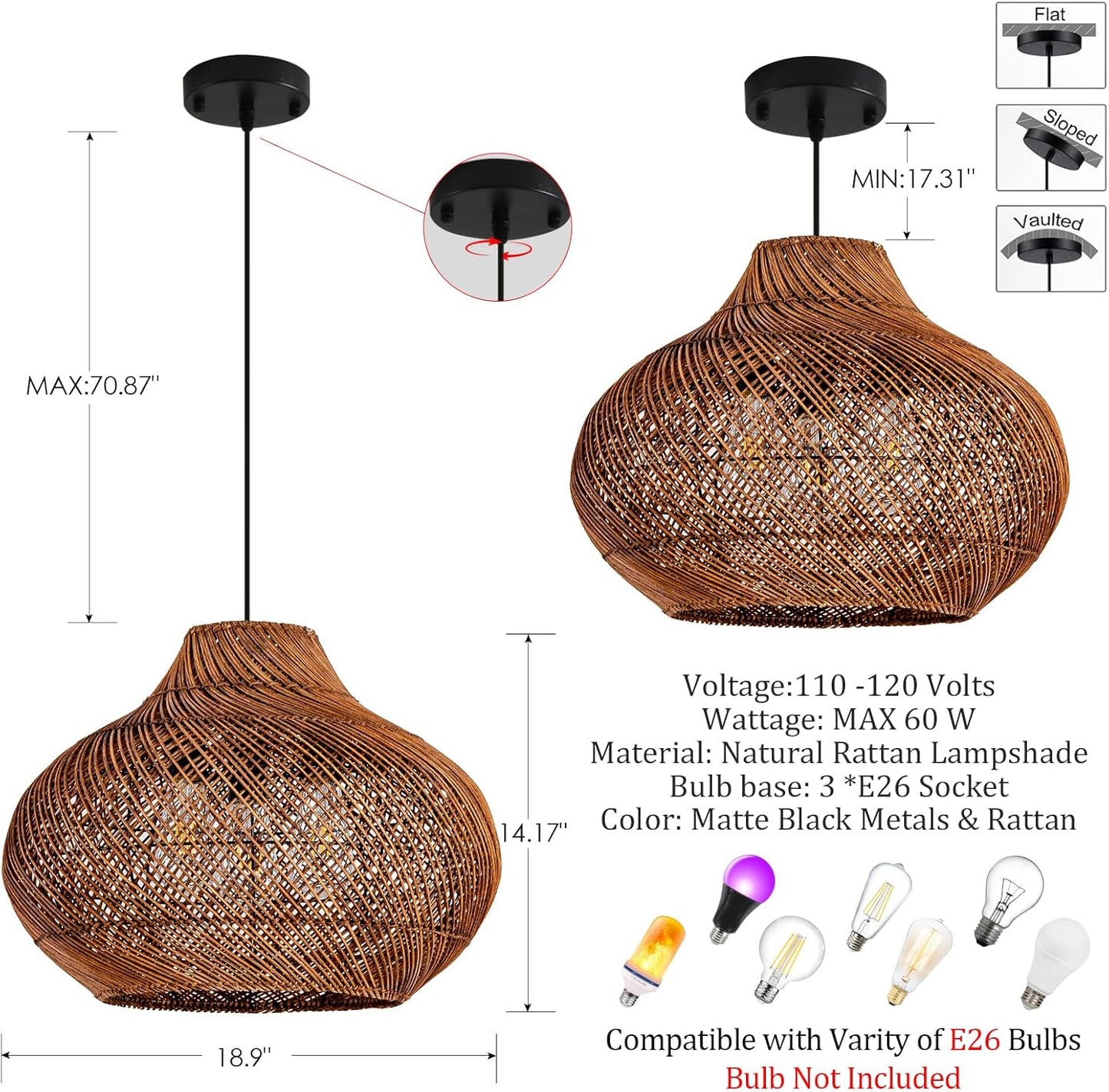 3-Light Dark Brown Rattan Pendant Light,18.9" Rustic Hanging Light,Round Curry Wicker Pendant Light Hand-Woven Rattan Chandelier for Workplace Dining Living Bedroom Kitchen Farmhouse