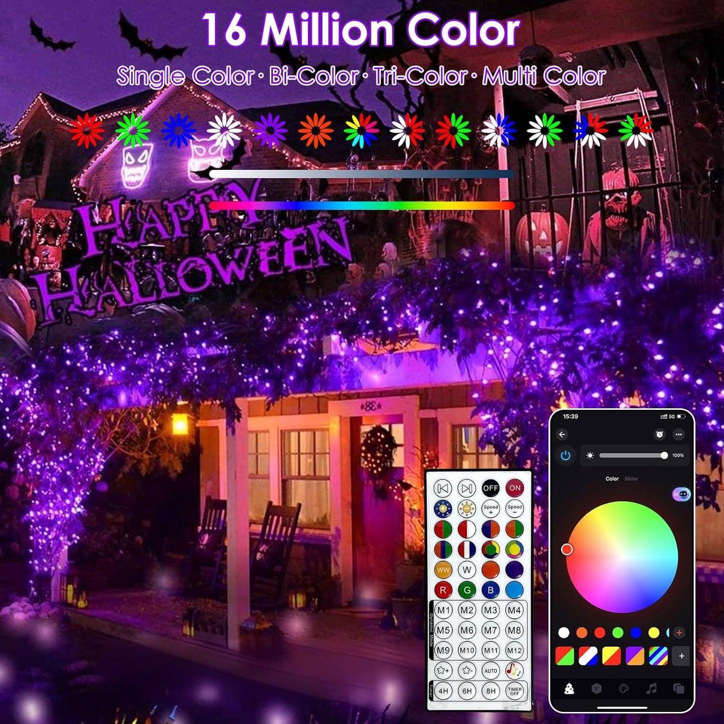 YIQU Smart Color Changing Halloween Lights, 66 FT 200 LED RGB Christmas String Lights with Remote App Control & Timer, Music Sync Multiple Modes Twinkle Light Waterproof Indoor Outdoor Decor