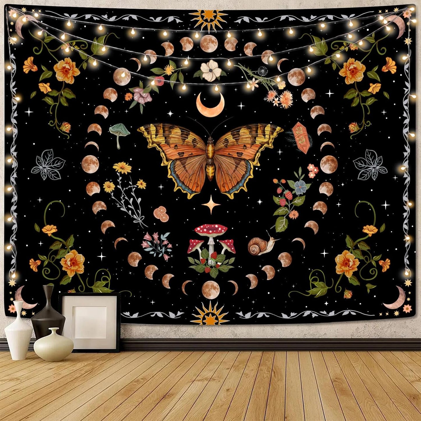 Aipon Orange Butterfly Moon Flower Tapestry Botanical Floral Plant Boho Tapestry for Bedroom Aesthetic Vintage Tapestries Wall Hanging for Living Room Dorm (44.00'' × 60.00'', Orange)