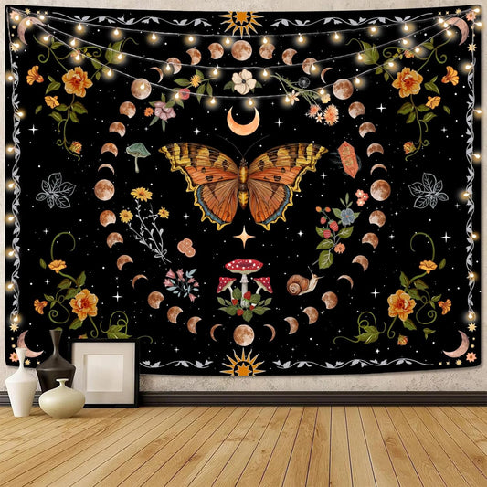 Aipon Orange Butterfly Moon Flower Tapestry Botanical Floral Plant Boho Tapestry for Bedroom Aesthetic Vintage Tapestries Wall Hanging for Living Room Dorm (44.00'' × 60.00'', Orange)