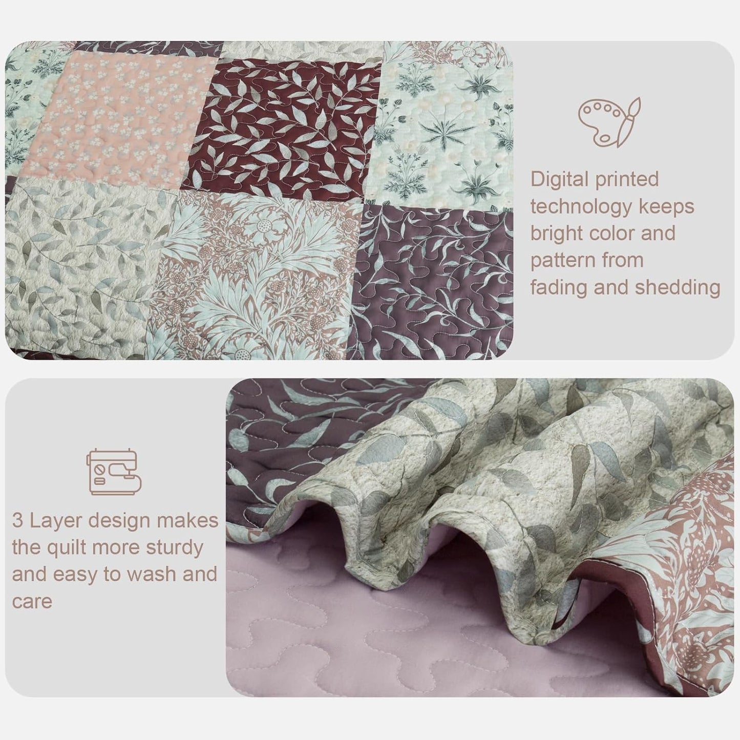 Exclusivo Mezcla Reversible Boho Quilt Set Queen Size, 3 Pieces Patchwork Brown All Season Bedspreads, Ultra Soft Floral Coverlet Bedding Set with Printed Pattern (1 Quilt, 2 Pillow Shams)