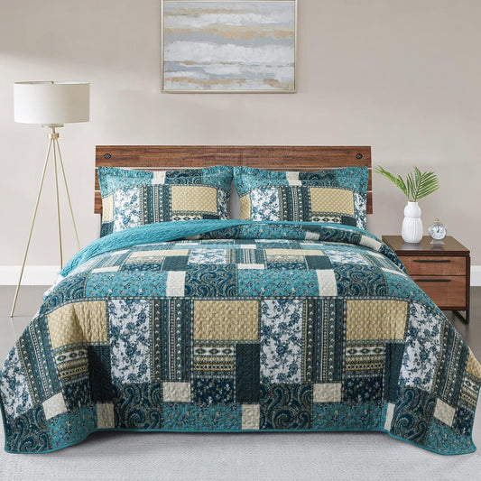 VAPUTAR Quilts Queen Size - 3 Piece Cotton Quilted Bedspread Coverlet, Soft Lightweight Quilted Bedding Set, Patchwork Boho Quilt with Pillowcovers Suitable for All Season and Room Decor (Dream Blue)