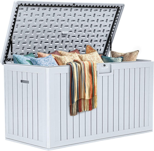 YITAHOME 200 Gallon Extra Large Deck Box, Double-Wall Resin Outdoor Storage Box with Flexible Divider for Patio Cushions Pool Supplies Garden Tools, 990 lbs Load Capacity, Lockable (White)