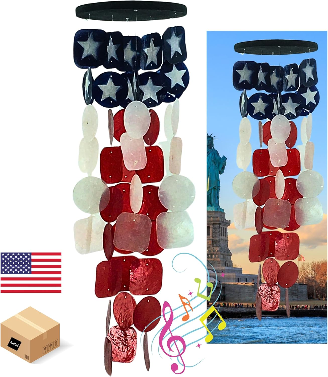 Bellaa 24834 Wind Chimes Outdoor, Garden Decorations, Musical, Indoor/Outside Windchimes, Beach, Ocean Breeze, Gifts for Mom, Gift for All Occasions, Capiz Sea Glass Shells Wood American Patriotic