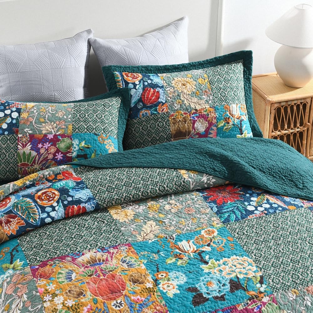 Autumn Dream Cotton Bedspread Quilt Sets Reversible Bedding Coverlet Sets Comforter, Vintage Floral Patchwork Turquoise Bedspread, King Size