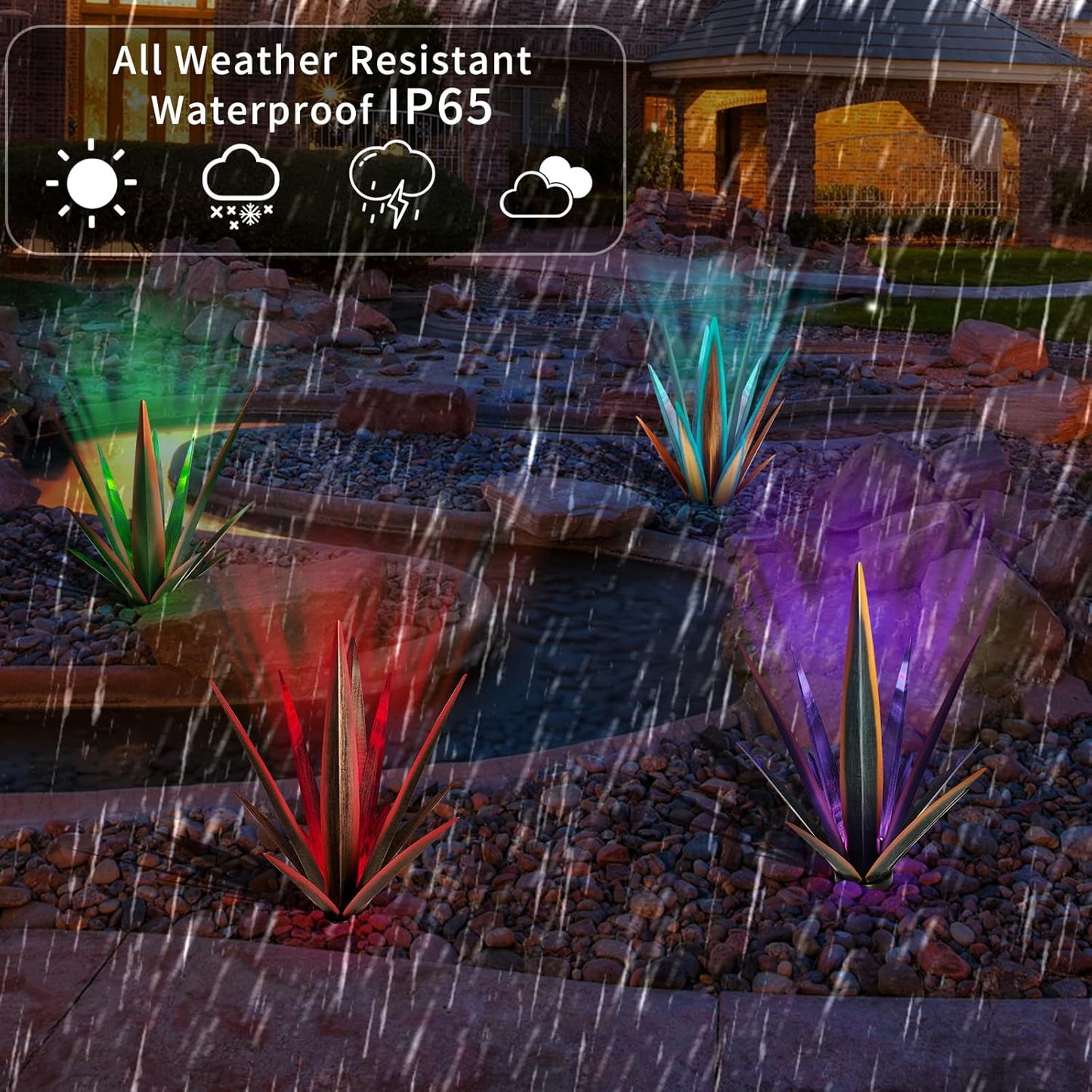 Large Tequila Rustic Sculpture, Rustic Metal Agave Plants for Outdoor Patio Yard, Home Decor Hand Painted Metal Agave Garden Yard Statue, Outdoor Lawn Ornaments (Red - L (W/Solar Light))