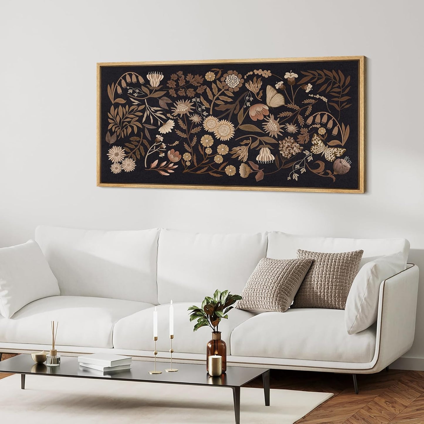 MUDECOR Extra Large Framed Canvas Print Wall Art Botanical Elegance Dark Floral Illustrations Antique Retro Fine Art Illustrations Decorative Colorful for Bedroom - 60"x30"