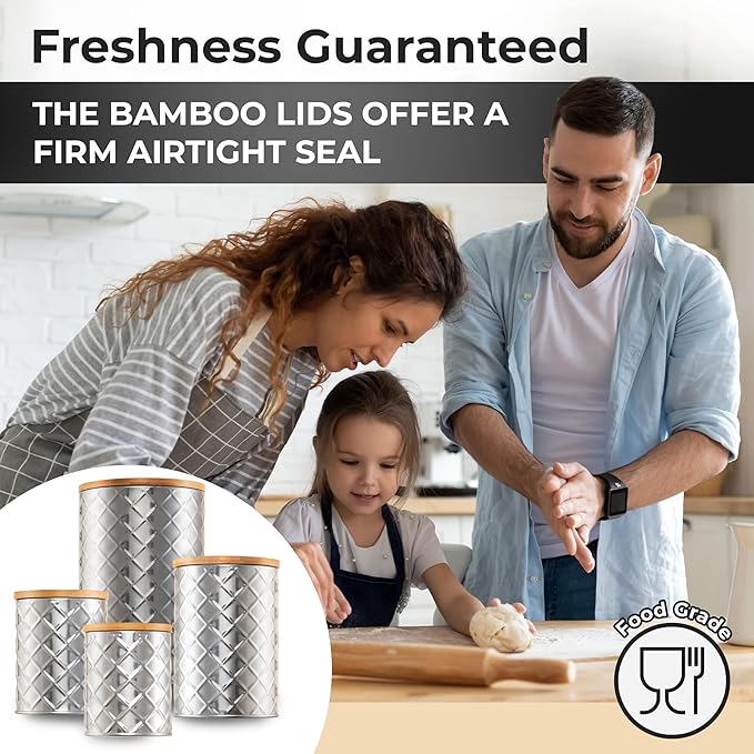 Pebble & Stem® Silver Stainless Steel Canister Set for Kitchen Counter, Food-Grade Canister Set of 4, Airtight Lids, Sugar and Flour Containers for Countertop, Coffee and Tea Storage, Farmhouse Decor