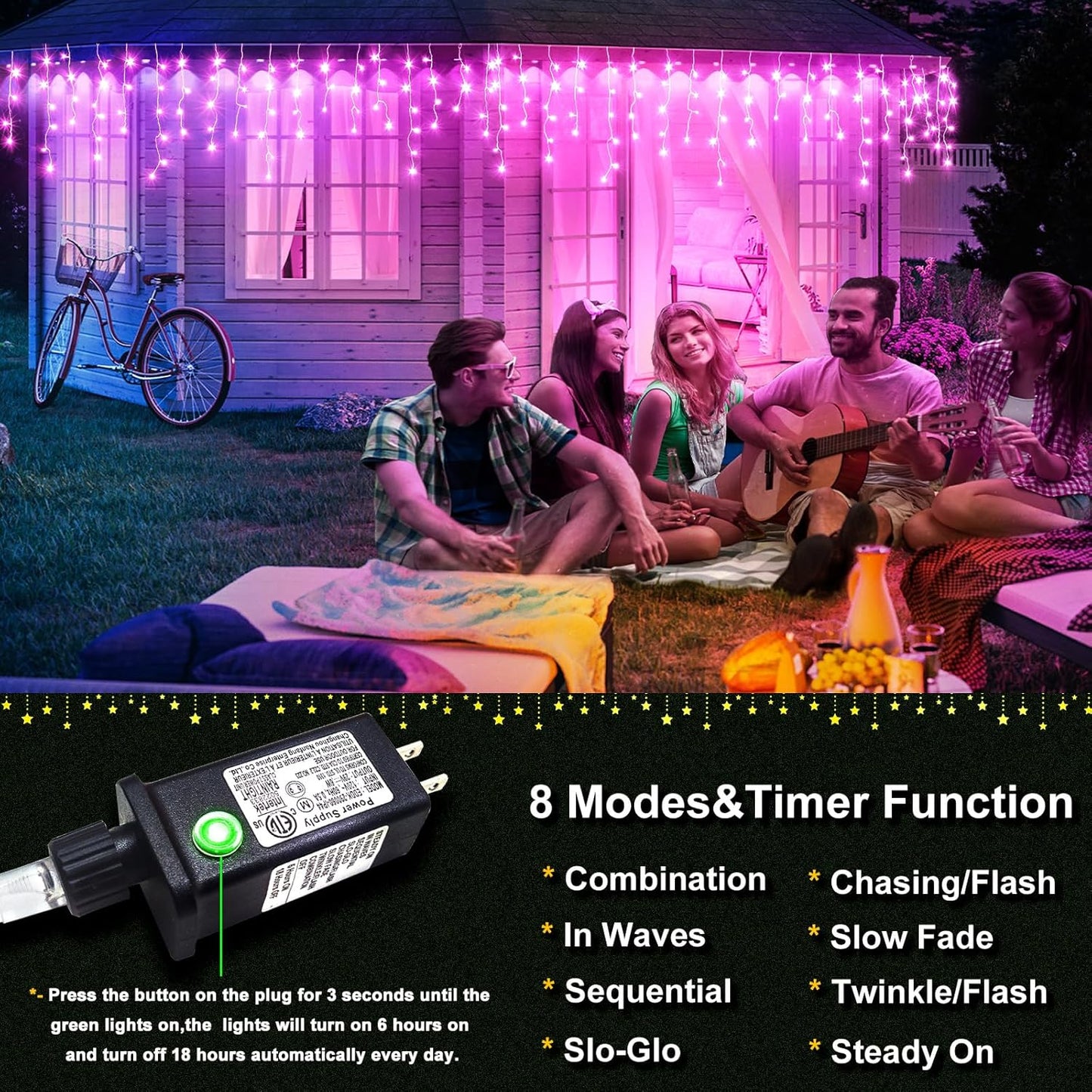 Icicle Christmas Lights Outdoor 66ft 640 LED Pink Christmas Lights for Outside 8 Modes with 120 Drops, Waterproof Icicle Light Plug in for Indoor Party House Christmas Decorations