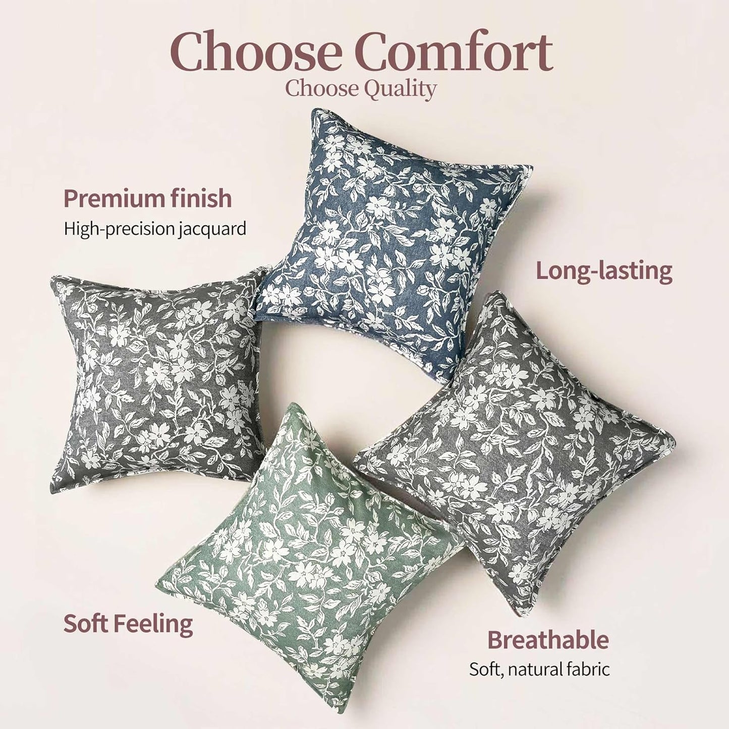 makkey Floral Pillow Covers 18x18 Inch Set of 2 Pastoral Throw Pillow Covers Jacquard Pillowcovers Couch Pillows for Living Room Farmhouse Accent Sofa Pillows