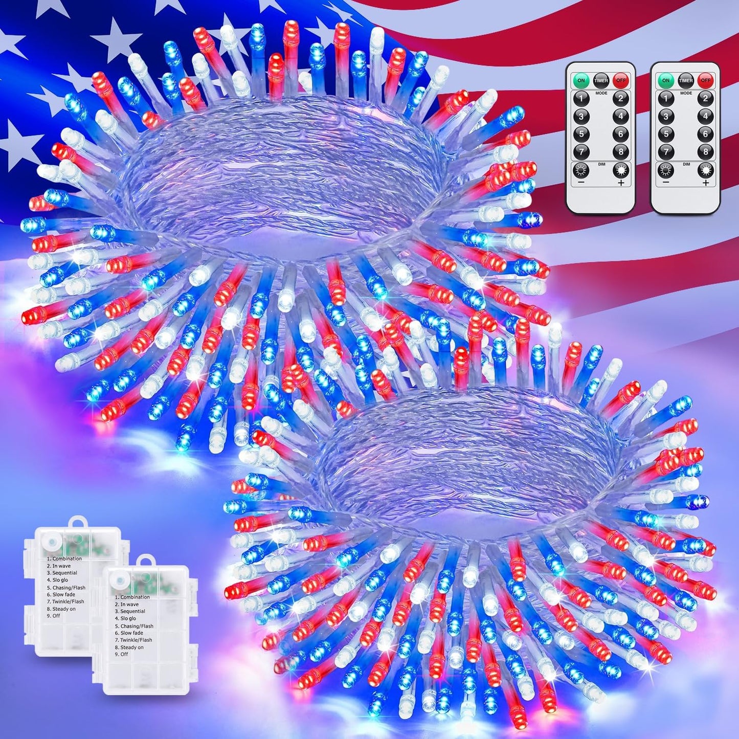 JMEXSUSS 2 Pack Red White and Blue Lights Outdoor, 33ft 100 LED 4th of July Lights Battery Operated, 8 Modes Patriotic Decorations for Indoor Outside Independence Day American Flag Holiday