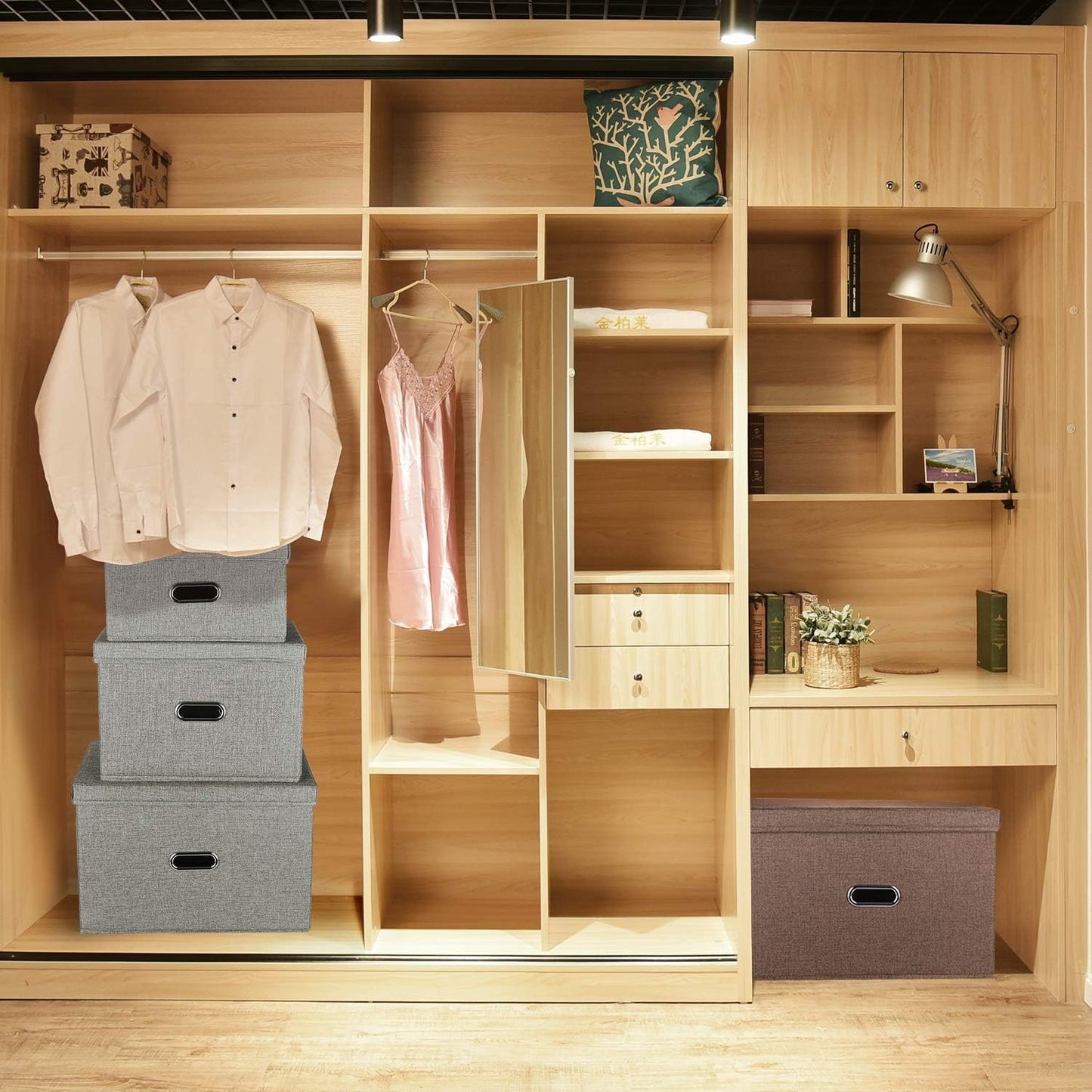 Large Linen Fabric Foldable Storage Bins with Removable Lid and Handles, Washable Storage Box Organizer Containers Baskets Cube with Cover for Bedroom,Closet,Office (Coffee, Large(2-Pack))