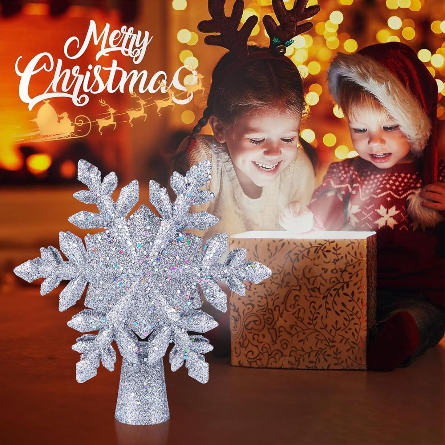 Christmas Tree Topper Lighted with 6 Projection Modes, 9.6” Hollowed Snowflake Tree Topper with Silver Spangles Plug in for Indoor Home Xmas New Year Party Holiday Night Tree Decor