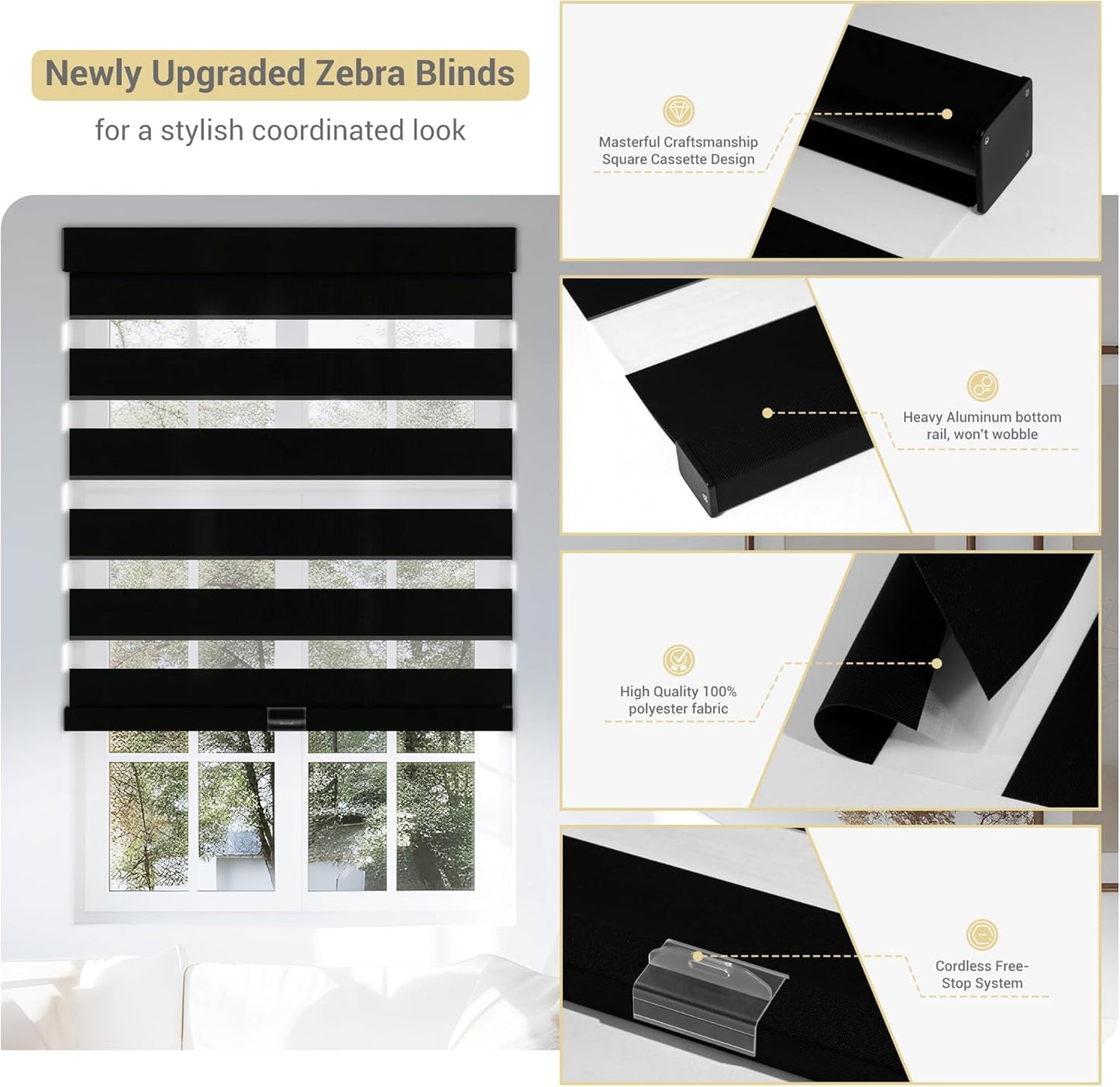 Cordless Zebra Blinds for Windows, Blackout Interior Blinds,Easy to Install,UV Protection,for Offices and Home,Custom Roller Shades, Solid Black, 35" W x 64" H