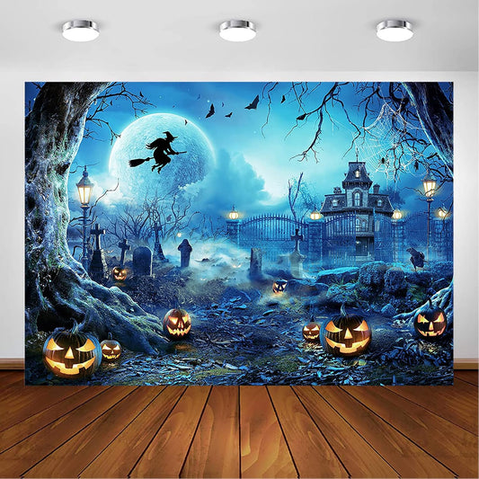 Avezano Halloween Photography Backdrop Full Moon Scary Night Castle Pumpkins Party Background Spooky Witch Bats Cemetery Child Kids Halloween Party Decorations Photoshoot Backdrops (8x6ft, Blue)
