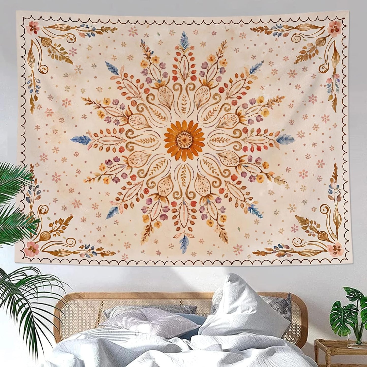 Fowocu Boho Floral Mandala Tapestry for Bedroom Aesthetic Watercolor Bohemian Flower Wall Tapestry Brown Beige Hippie Indian Large Tapestries Wall Hanging for Living Room Dorm Decor 80 x 60 Inch