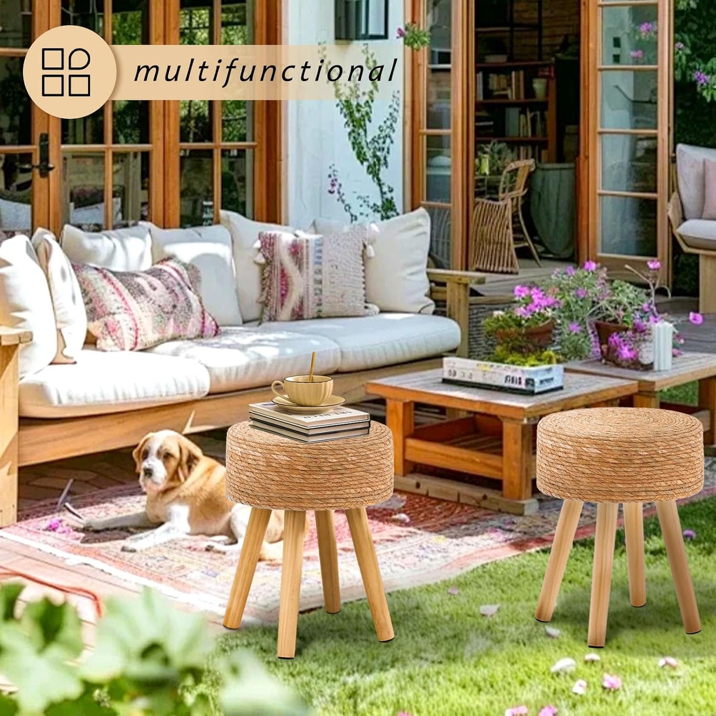 Handwoven Outdoor Ottoman, Water Hyacinth Pouf Round Patio Footstool with Wood Legs, 17-Inch Multipurpose Vanity Stool, Dining Chair, Patio Footrest for Balcony and Garden, Natural