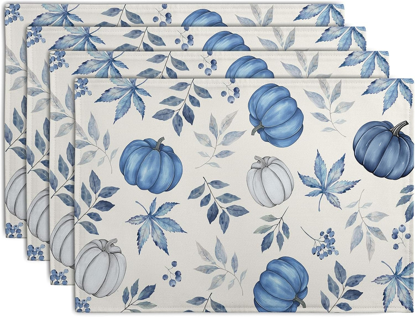 Blue Pumpkin Maple Leaves Fall Placemats Set of 4 Autumn Thanksgiving Harvest Linen Place Mat Non Slip Heat Resistant Washable Table Mats for Party Kitchen Dining Decoration