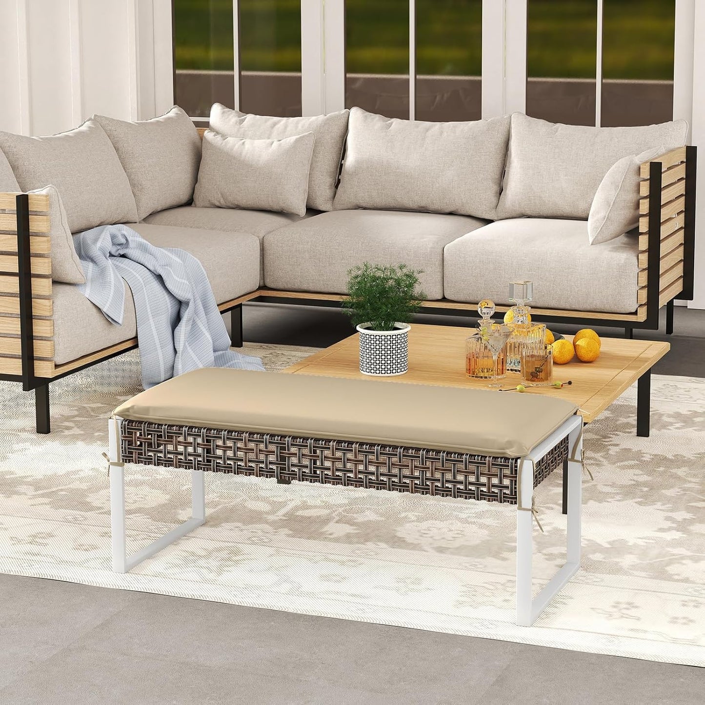 Tangkulka Outdoor Ottoman, Patio Rattan Heavy Duty Wicker Footrest with Soft Cushion & Metal Frame, Extra Seating, for Porch, Backyard, Lawn and Poolside (1)