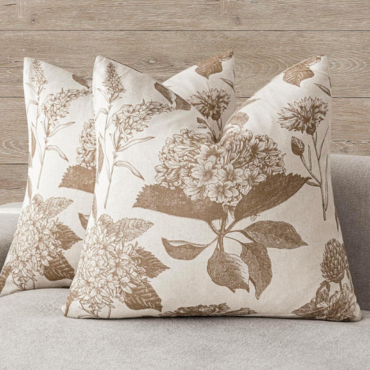 Foindtower Set of 2 Linen Floral Throw Pillow Covers Neutral Vintage Print Decorative Cushion Covers Farmhouse Boho Home Decor for Sofa Chair Couch Bedroom Living Room Outdoor,24×24 Inch,Light Brown