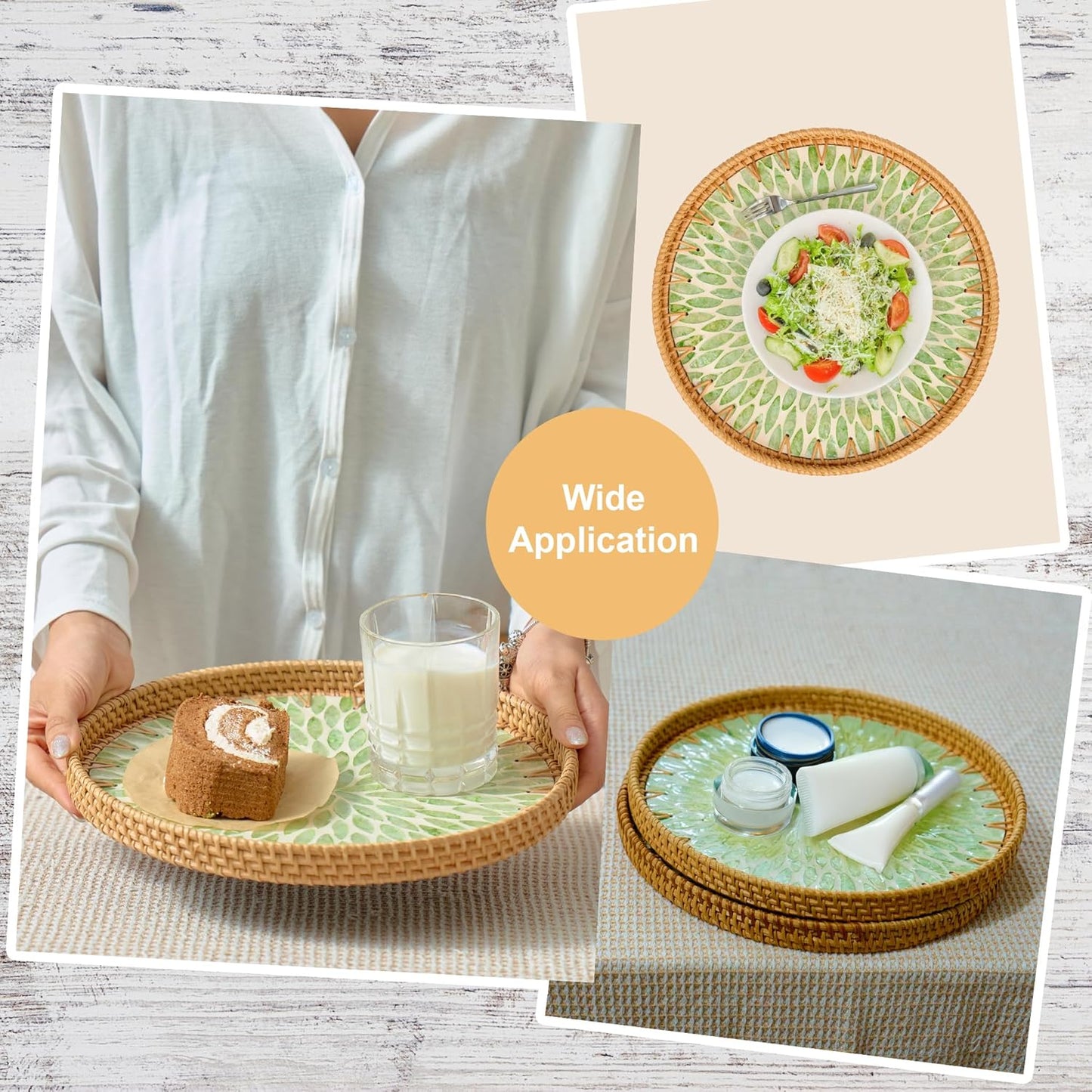 Round 12" Rattan Serving Tray with Mother of Pearl Inlay, Decorative Wicker Tray with Wooden Base for Coffee Table, Bread, Fruit, Food Display and Storage (Leaf)