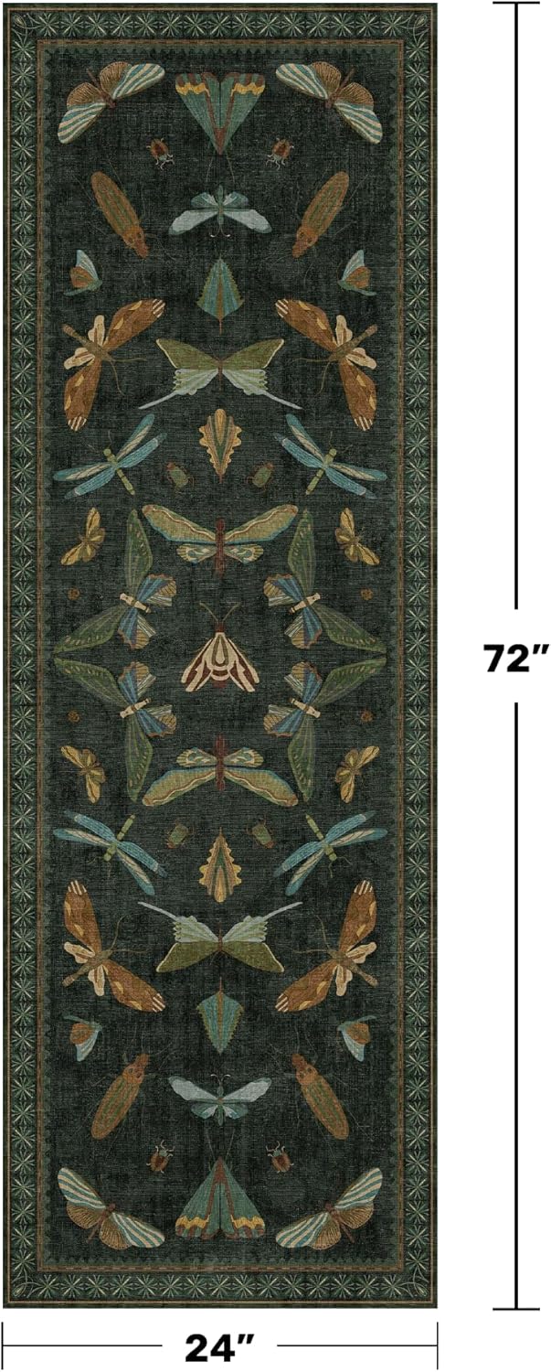 2x6 Entryway Runner Rug - Dark Green Kitchen Runners, Insect Floral Indoor Floor Décor, Washable Soft Non Slip with Rubber Backed