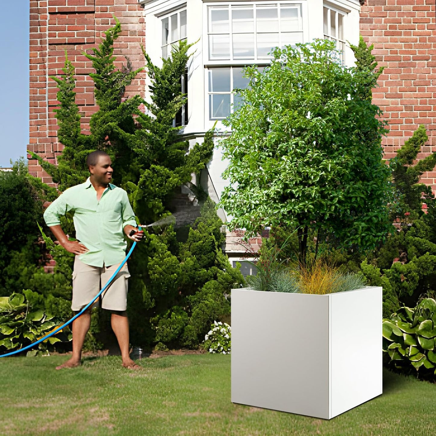 White Steel Planter Square Outdoor Planters Galvanized Steel Planter Box Indoor Metal Large Planters Cube Heavy Duty Flower Pot 26 Inch Modern Commercial Residential for Trees Patio Deck Yard Garden