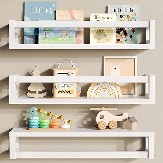 Upgraded Thick Floating Shelves - Multi-Use Wall-Mounted Bookshelves for Kids and Nursery, Ideal for Books, Toys, Spice Rack, Decor - White