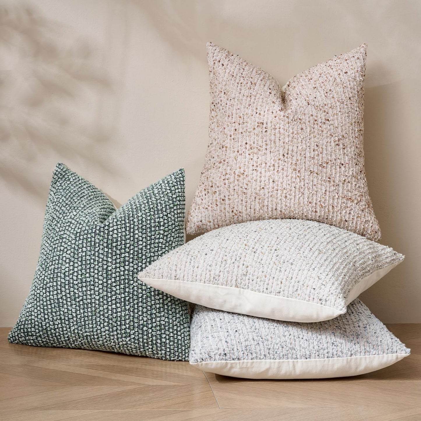 Striped Throw Pillow Covers 18x18 Set of 2 Green Textured Boucle Chic Morden Boho Accent Farmhouse Square Decorative Couch Pillow Covers for Home Decor Bed Sofa Living Room