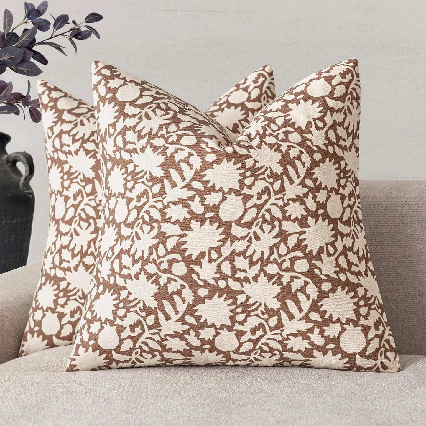 Foindtower Set of 2 Decorative Neutral Floral Throw Pillow Covers Accent Farmhouse Cushion Covers Boho Pillowcase for Couch Sofa Bedroom Living Room Home Decor Outdoor,20×20 Inch,Light Orange Brown