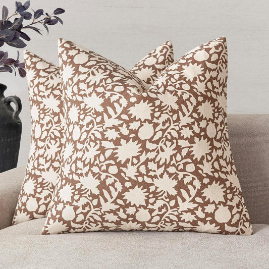 Foindtower Set of 2 Decorative Neutral Floral Throw Pillow Covers Accent Farmhouse Cushion Covers Boho Pillowcase for Couch Sofa Bedroom Living Room Home Decor Outdoor,22×22 Inch,Light Orange Brown