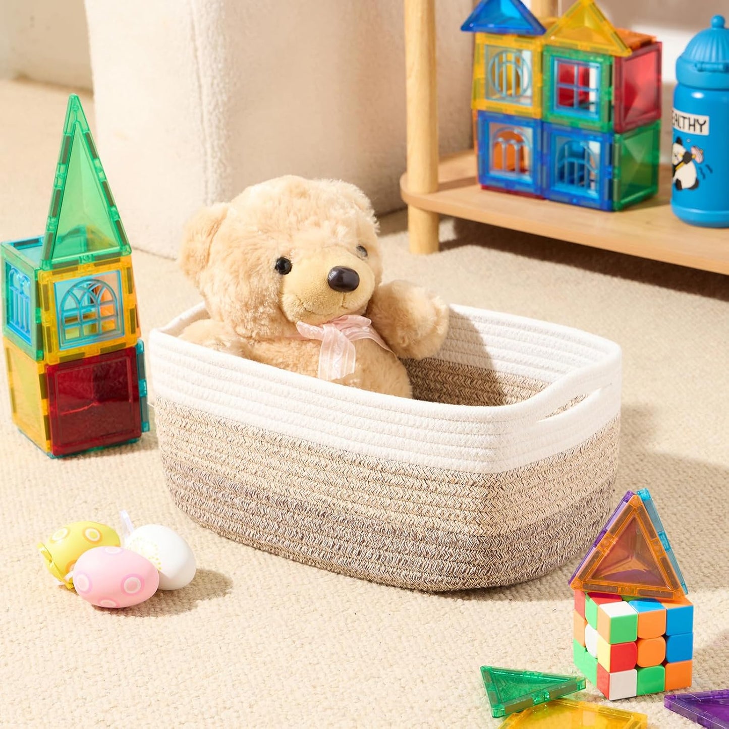 Small Storage Baskets for Organizing | Closet Organizer Bins | Shelf Toy Basket | Woven Rope Baskets | Cube Decorative Box | Shallow Basket | 13x8.5x5.1” | 3 Packs Gradient Brown