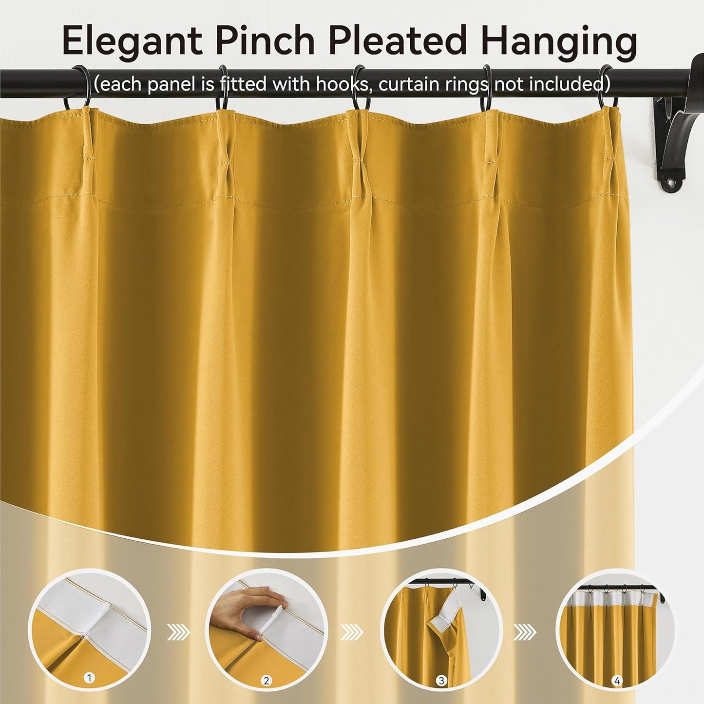 KangBang Yellow Pinch Pleated Curtains 90 Inches Long for Bedroom, Blackout Energy Saving Neutral Modern Pinch Pleat Curtains & Drapes with Adjustable Hooks 2 Panels,40Wx90L