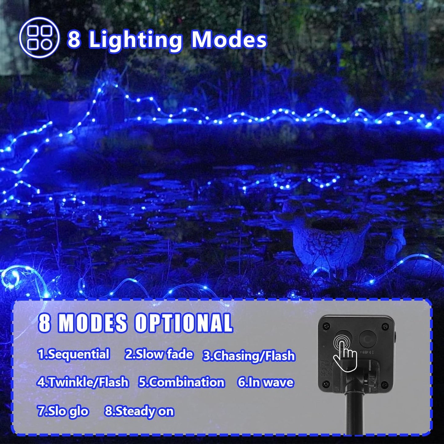 YEGUO 2 Packs Each 33ft 100 LED Solar Rope Lights Outdoor Waterproof, Solar Pool Light Blue, 8 Modes Solar Fairy Lights in Clear Thin Tube Outside for Camping Fence Patio Garden Trampoline Deck