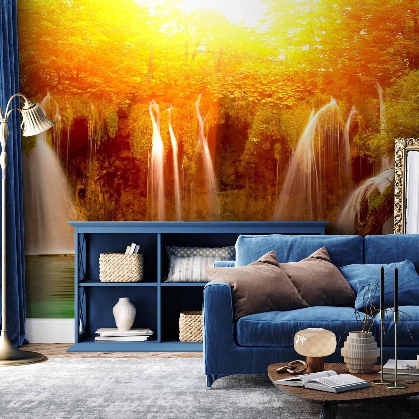 artgeist Wall Mural Peel and Stick Waterfall 212x98 in - XXL Self-Adhesive Corner Wallpaper Removable Large Sticker Foil Angle Wallpaper Wall Decor Print Nature Lake Sun Forest Landscape c-B-0475-a-a