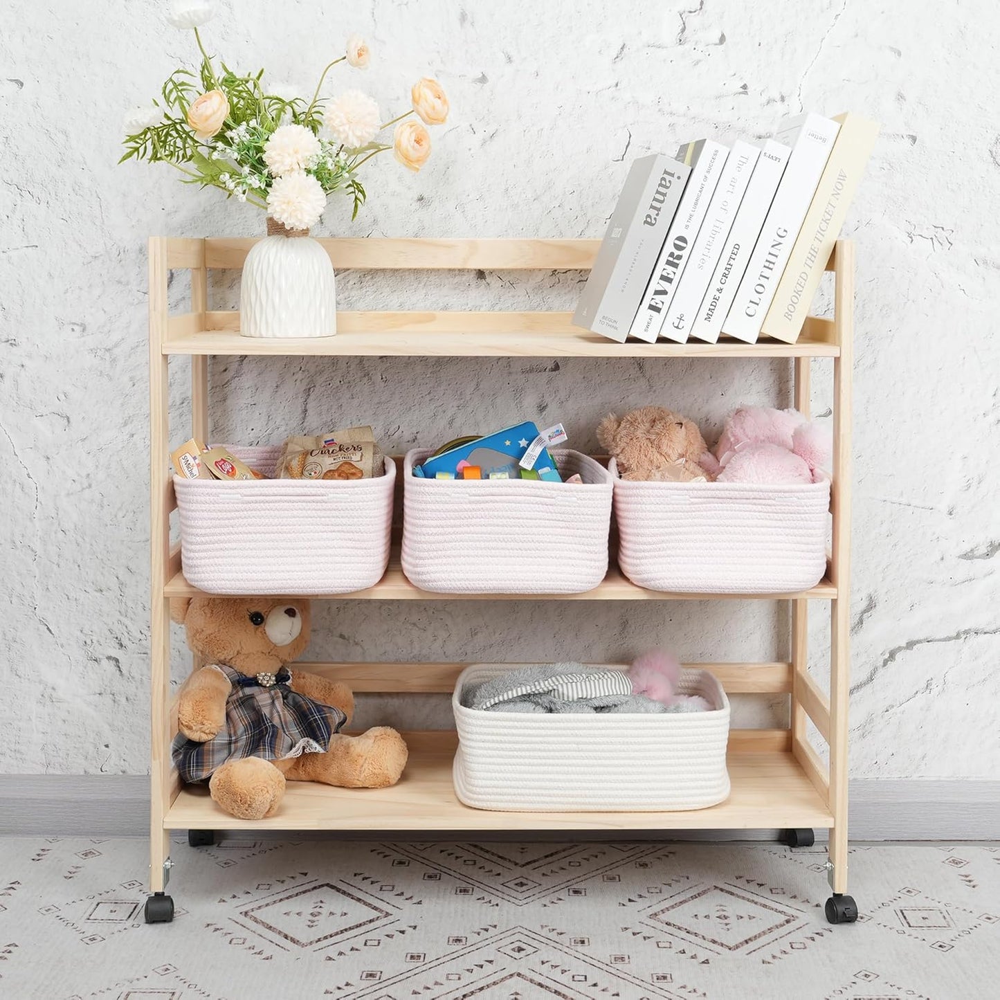 Small Woven Storage Baskets 13“X9”X5“ Decorative Rope Bins for Organizing Shelves, Closets, and Toys, Empty Gift Baskets, Cute Organizer Basket for Home and Office (pink, Large)
