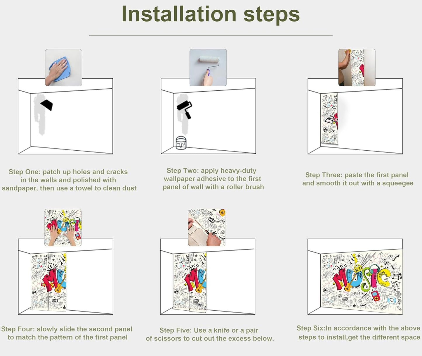 Music Graffiti Wallpaper Fan Guitar Drums Large Background Wall Decor for Music Room Bar(Not Peel and Stick)